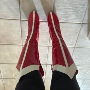 High Heel Leather Red & White Stripe Boots